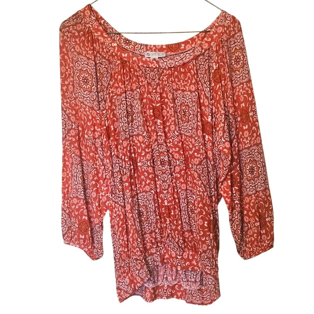 Lila Rose Size Small S Boho Blouse Top Red Rayon Spandex Boho Tunic Scoop Neck